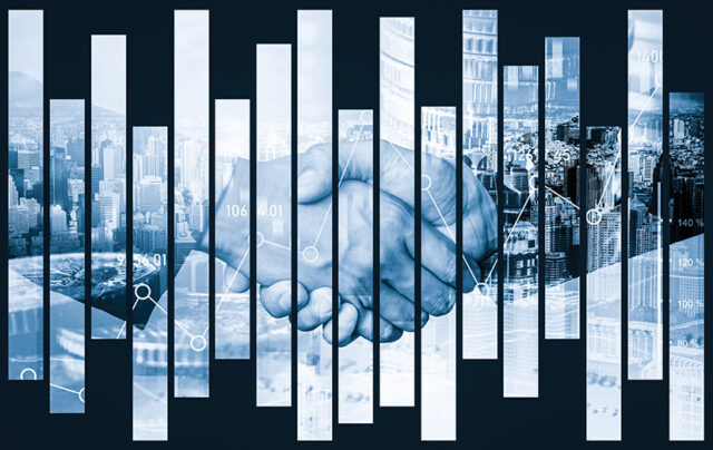 Business handshake on finance prosperity and money technology asset background